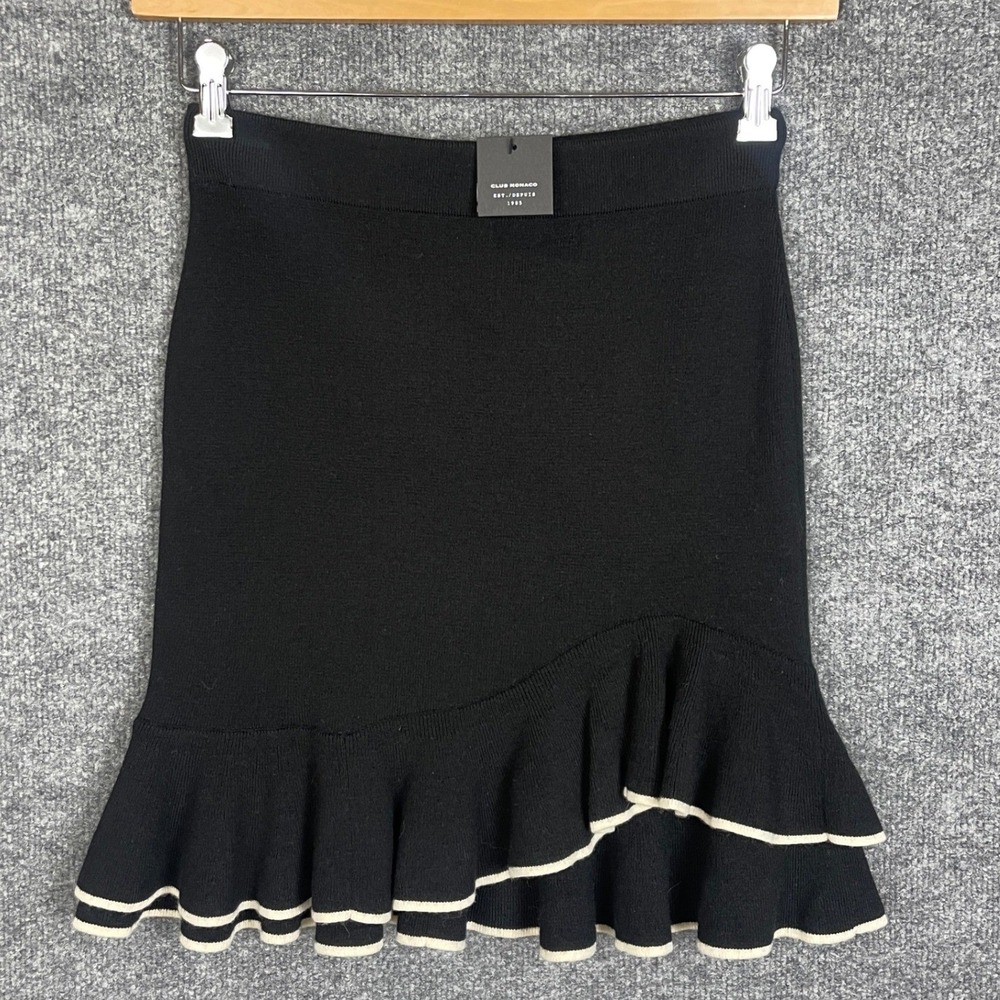 NEW $170 Club Monaco Mertha Skirt S Black Merino Wool Ruffle Hem Mini Skirt